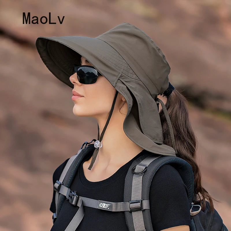 Summer Hats for Women Outdoor UV Anti Neck Protection Sun Visors for Lady Fishing Hiking Wide Brim Shawl Sunscreen Ponytail Cap