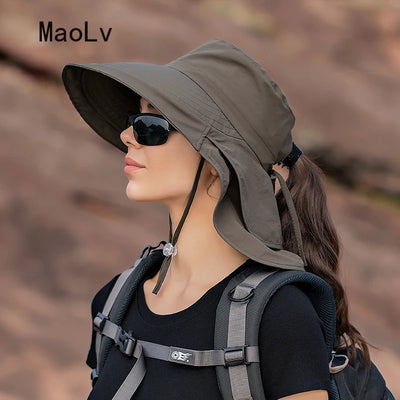 Summer Hats for Women Outdoor UV Anti Neck Protection Sun Visors for Lady Fishing Hiking Wide Brim Shawl Sunscreen Ponytail Cap