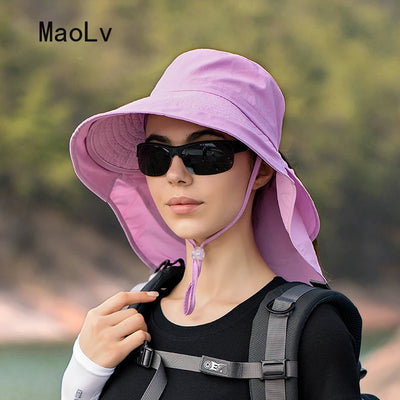 Summer Hats for Women Outdoor UV Anti Neck Protection Sun Visors for Lady Fishing Hiking Wide Brim Shawl Sunscreen Ponytail Cap